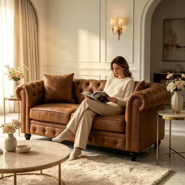 63.5" Chesterfield Sofa Couch, Modern Tech Fabric Tufted 3 Seat Sofa with Nailhead Arms, Wood Legs and 2 Pillows for Living Room