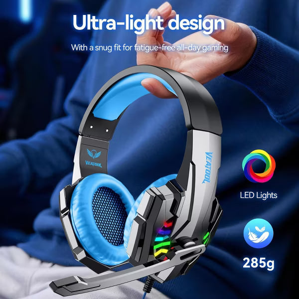 Gaming Headset with Microphone, Compatible with PS4 PS5 Xbox One PC Laptop, Over-Ear Headphones with LED Light, Noise Canceling Mic