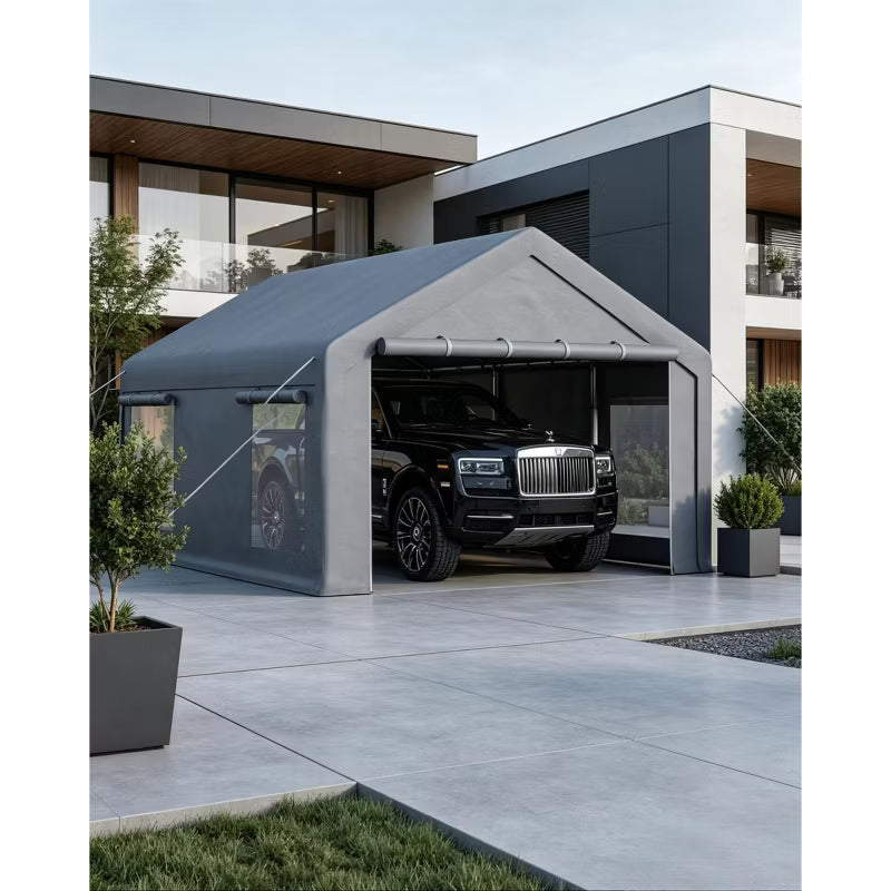 12x20 ft Portable Heavy Duty Carport Garage, 200g PE Canopy with Roll-Up Doors & Windows, Outdoor Storage Shelter for Vehicles & Events