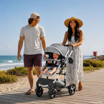 Kinder King Cozi 2 Convertible Baby Stroller, Folding High Landscape Infant Carriage, Adjustable Canopy, Diaper Bag, Anti-Shock, Dark Grey