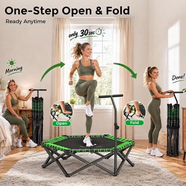BCAN 51" Foldable Bungee Rebounder Trampoline for Adults, 500 lbs Capacity, Handle, Large Jumping Area, Low-Impact Indoor Workout, Quick Setup