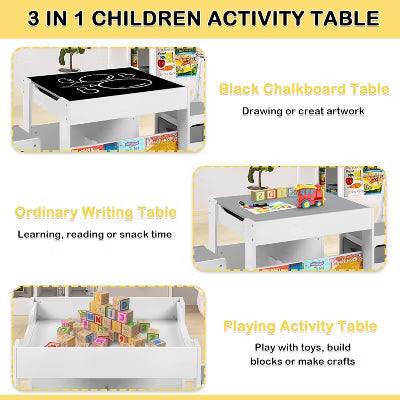 Kinder King Kids Wood Table & 2 Chairs Set, 4 in 1 Children Activity Table w/Double Bookcase, Blackboard, Toddler Furniture Set, Grey