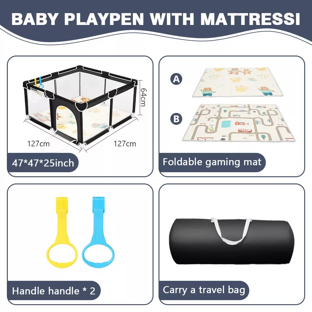 Kmaier Soft Padded Baby Playpen With Mat,Safe And Sturdy Design,Breathable Mesh,Portable For Indoor And Outdoor Use,Grey