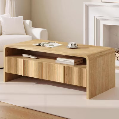 AMERLIFE Fluted Coffee Table with 2 Drawers, Open Storage Shelf, Engineered Wood, Natural Oak