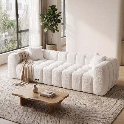 102.7" Marshmallow Cloud Boucle Sofa - Modern 4-Seater Cushioned Compressed Foam Couch, Cloud White