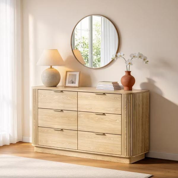Qwatto 47" Wide Low-Profile 6 Drawer Fluted Dresser – Natural Oak Bedroom & Kids Room Storage Chest with Anti-Tip Kit