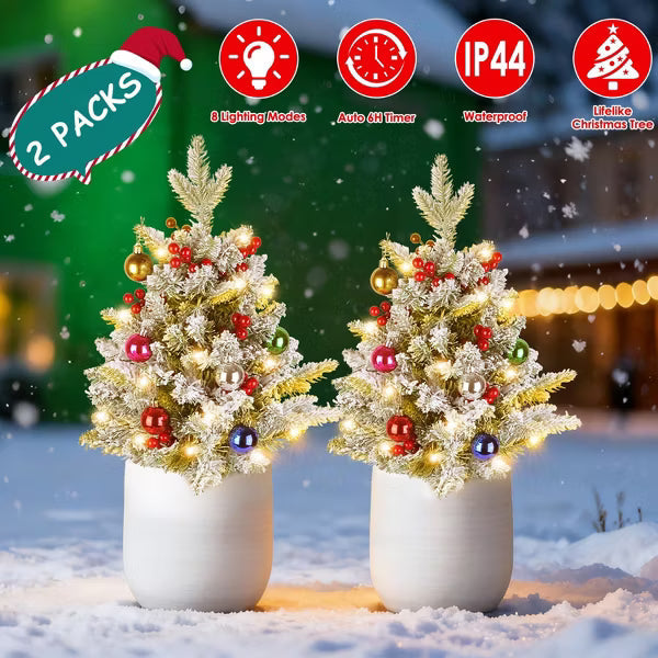 2Pcs Battery Powered Lighted Christmas Tree?Urn Filler With Light Artificial Xmas Trees Light with Berries Balls LED Pathway Pine Tree IP44 Waterproof