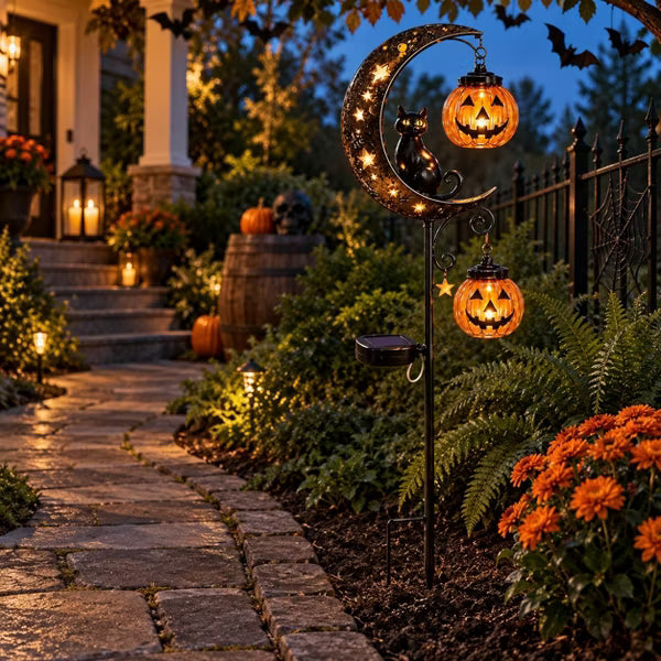 LauKingdom 31.5" Black Cat Pumpkin Solar Garden Stake Light Halloween Outdoor Decor for Yard Lawn Pathway Patio