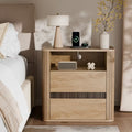 Qwatto Natural Oak Nightstand Charging Station 2 Drawers Roller Blind Design Rounded Modern Bedside Table Mid Century End Table Bedroom Storage