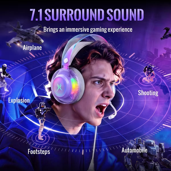 Pro USB Gaming Headset for PC, Computer Headphones with Noise-Cancelling Mic, 7.1 Surround Sound, RGB Light - Wired for PS4/PS5/Laptop Silver
