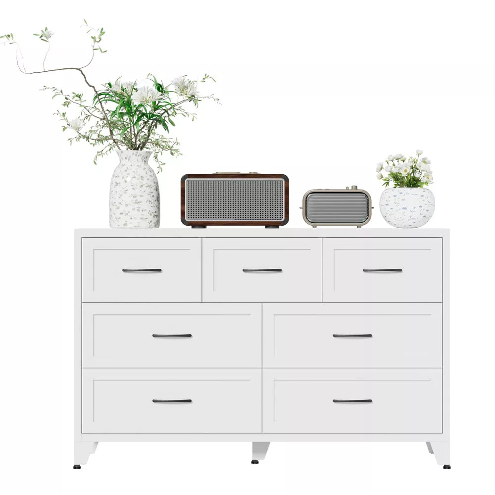 VIYET 7-Drawer White Dresser for Bedroom, Wide Low-Profile Chest of Drawers with Smooth-Glide Storage for Closet & Entryway