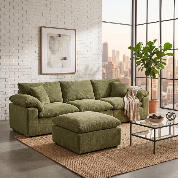 LauKingdom 102" 3-Seater L Shape Modular Sectional Sofa, Olive Green Cloud Couch with Ottoman, Comfy Chenille Deep Seat for Living Room