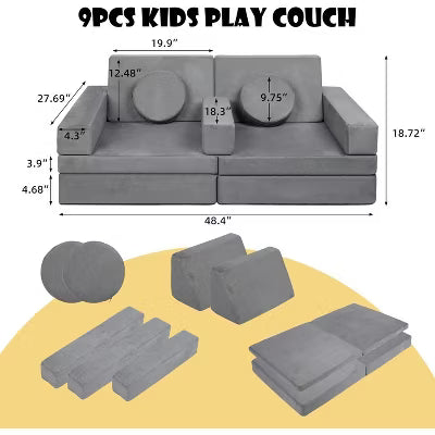 Kinder King 9PCS Kids' and Toddlers Convertible Sofa and Play Set Modular Foam Couch and Flip Out Lounger Indoor Furniture for Playroom Gray