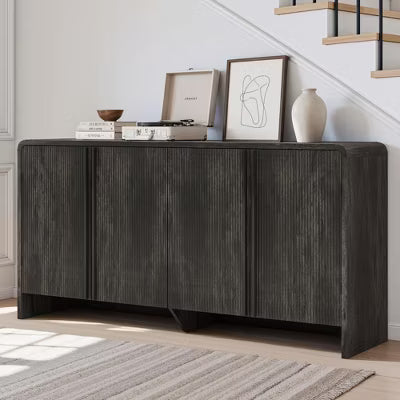 AMERIFE 63" Fluted TV Stand Media Console with Storage, Adjustable Shelves, Engineered Wood, Black