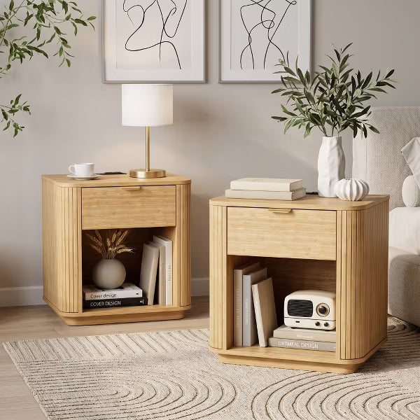 Qwatto Modern Fluted Nightstand Bedside Table with USB Charging Station Storage Drawer Open Shelf End Table for Bedroom Living Room Natural Oak Wood