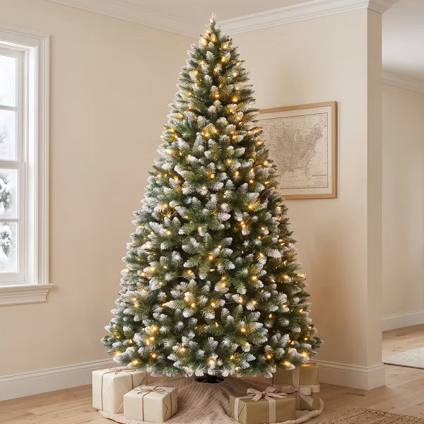 VIVATREES 6ft Prelit Christmas Tree Artificial Flocked with Warm White LED Lights Hinged Branches Metal Stand