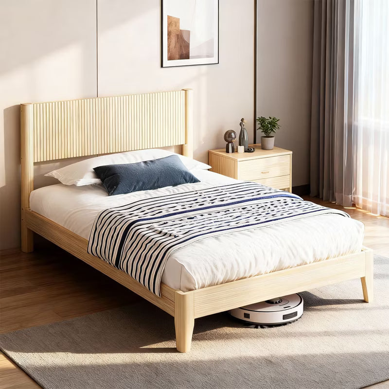 Karl Home Solid Wood Full Bed Frame Platform Bedframe with Headboard Grille Style