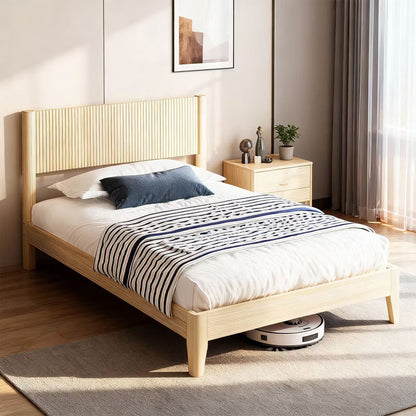 Karl Home Solid Wood Full Bed Frame Platform Bedframe with Headboard Grille Style