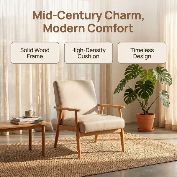 Mid-Century Modern Armchair, Solid Wood Upholstered Accent Chair for for Living Room, Bedroom, Dorm, Apartment, Cream