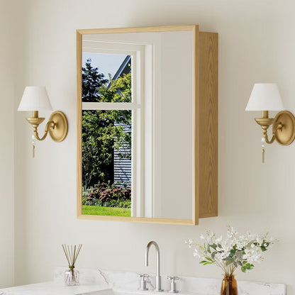 20"x28" Wall Mounted Mirror Cabinet, Functional Bathroom Storage with Oak Wood Frame and Adjustable Shelves