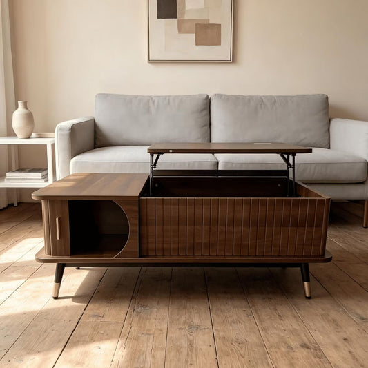 Walnut Lift Top Coffee Table with Hidden Storage Compartment and Shelf, Mid Century Modern Wood Coffee Table for Living Room Apartment Office Dorm