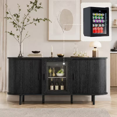 AMERLIFE 70" Coffee Bar Cabinet with Beverage Fridge, Wood Sideboard with Sliding Doors, Black