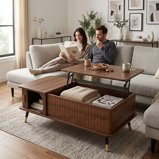 Walnut Lift Top Coffee Table with Hidden Storage Compartment and Shelf, Mid Century Modern Wood Coffee Table for Living Room Apartment Office Dorm