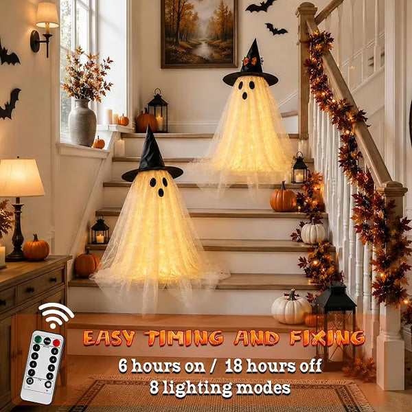 Laukingdom 2 Pcs Halloween Ghost Decorations With String Lights And Remote Control, Spooky Indoor Tabletop Decor For Home And Party