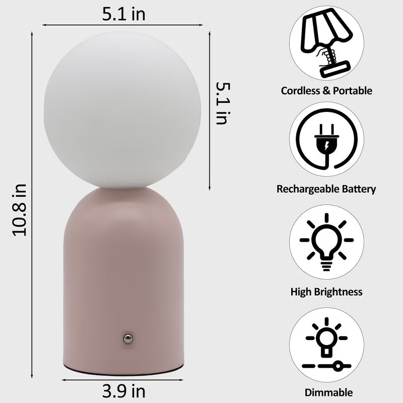 Opal White Glass Pink Metal Rechargeable Table Lamp, Cordless Blush Bedside Light, Romantic LED Vanity Lamp for Dorm Bedroom Girls Room