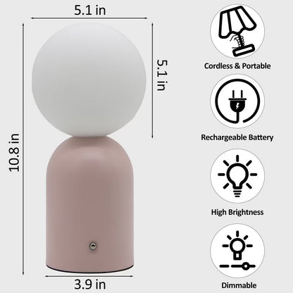 Opal White Glass Pink Metal Rechargeable Table Lamp, Cordless Blush Bedside Light, Romantic LED Vanity Lamp for Dorm Bedroom Girls Room