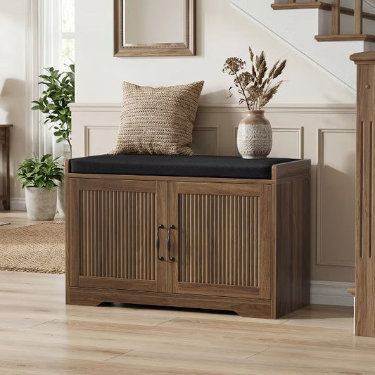 31.5″ Walnut Entryway Storage Bench with Cushioned Seat & Double Doors – Shoe Rack & Bench for Hallway, for Hallway and Entrance Areas