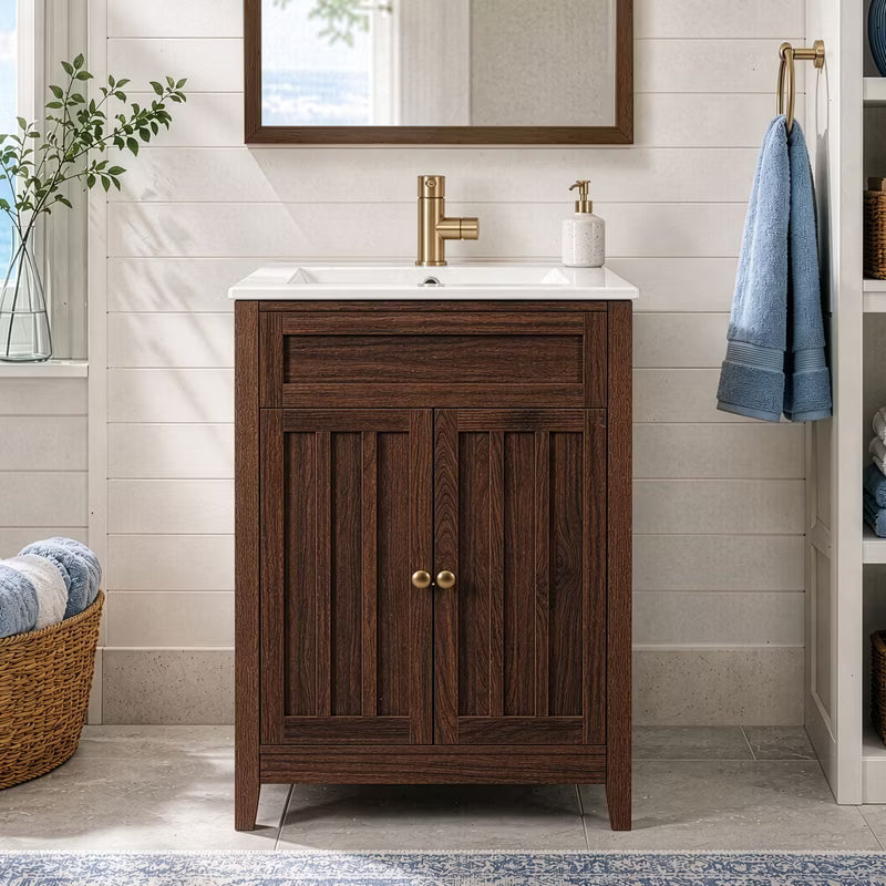 24'' Walnut Vanity Cabinet With Ceramic Sink With 1-Door
