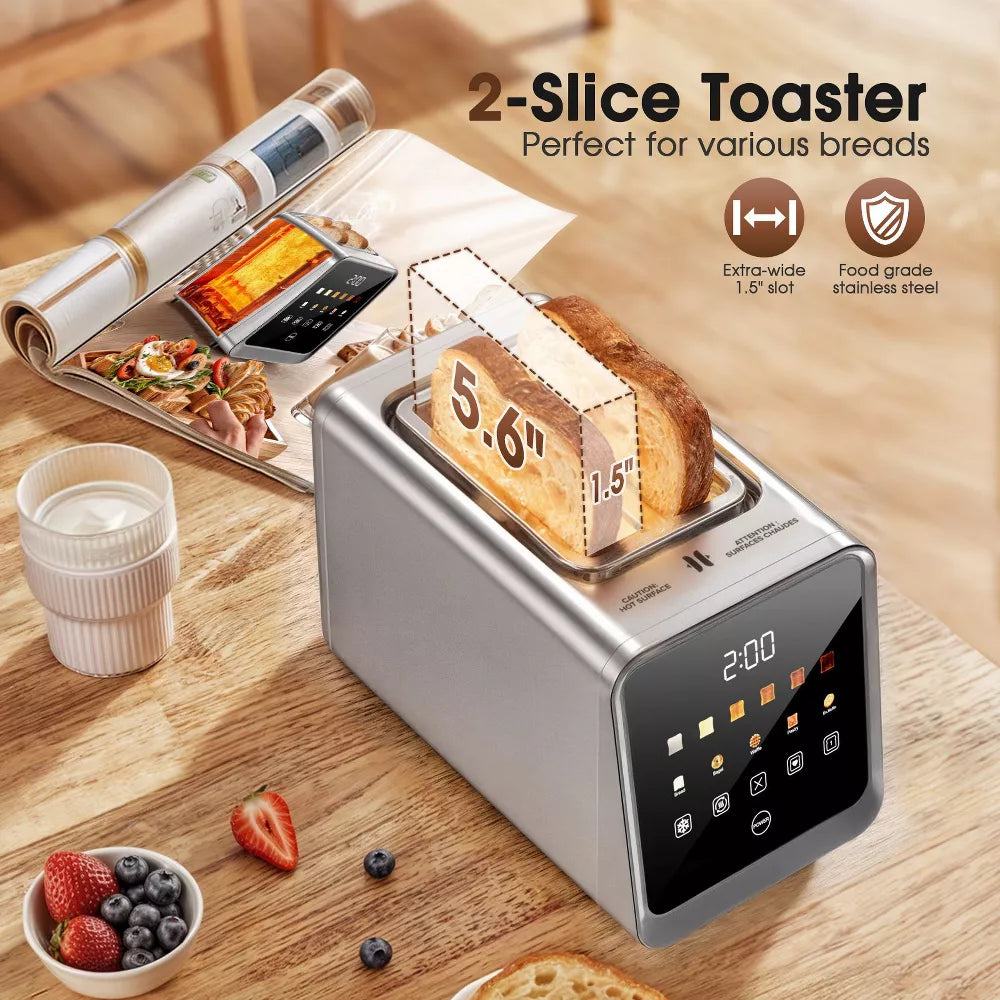 Teendow Touch Screen Toaster 2 Slice, 900W Stainless Steel Smart Digital Bread Toaster with Memory Function, 5 Bread Types & 6 Shade