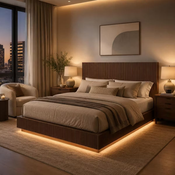 King Size Floating Bed Frame with LED & Fluted Headboard, Rich Walnut Platform Bed Furniture for Cozy Bedroom, Apartment & Dorm