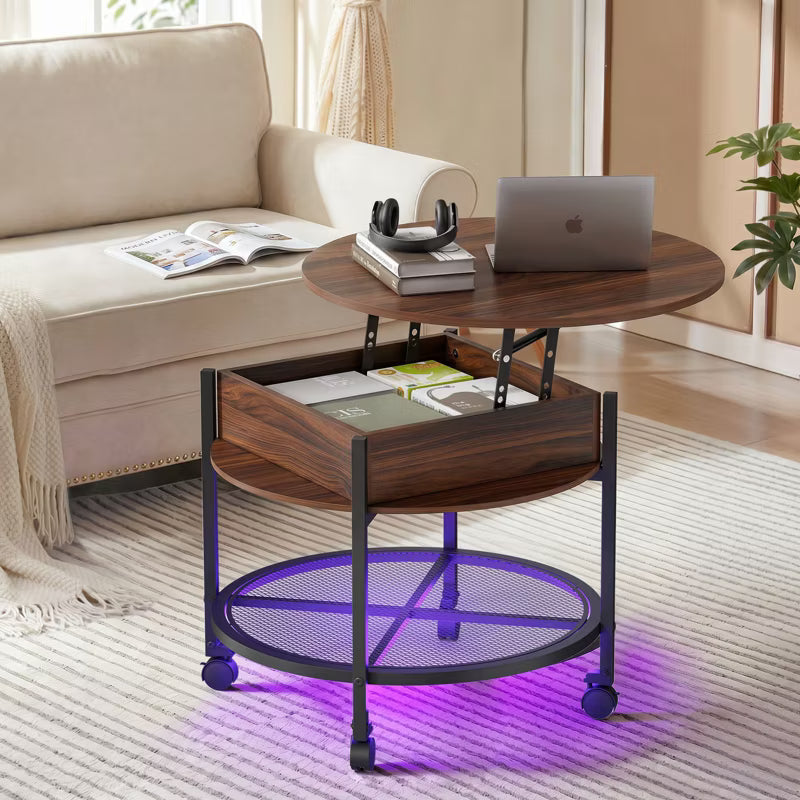 Karl Home Lift Top Round Coffee Table with RGB LED Lights and Lockable Casters for Living Room