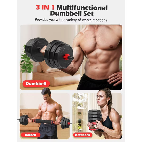 FED FITNESS 90LBS Adjustable Dumbbell Set, 5-in-1 Free Weight Set with Barbell Connector,Kettlebell,Push-Up Stand and Weight Plates for Home Gym