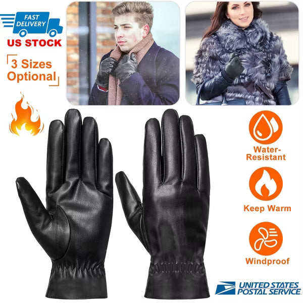 Unisex PU Leather Winter Gloves with Soft Warm Lining, Wind-Resistant Outdoor Gloves for Cycling, Walking and Cold-Weather Comfort - Black