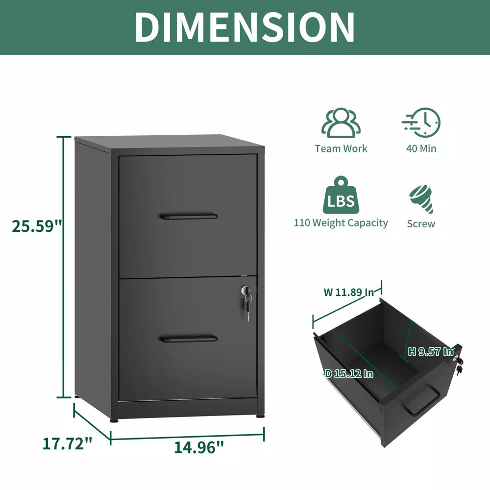 VIYET 26" 2-Drawer Metal File Cabinet with Lock, Vertical Filing Cabinet for Home Office, Fits Letter, Legal & A4 Files