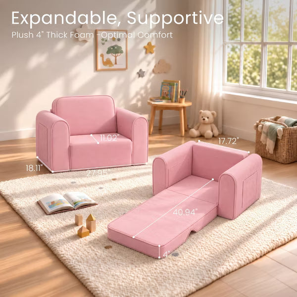 Kinder King 2-in-1 Kids Couch, Fold-Out Toddler Sofa Chair for Reading, Lounging & Playroom Use, Pink
