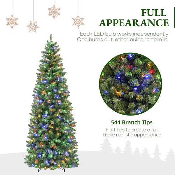 VIVATREES 7.5ft Prelit Christmas Tree Artificial Slim Pine Dual Color 10 Funtion Changing LED Lights Metal Stand Hinged Branches for Holiday