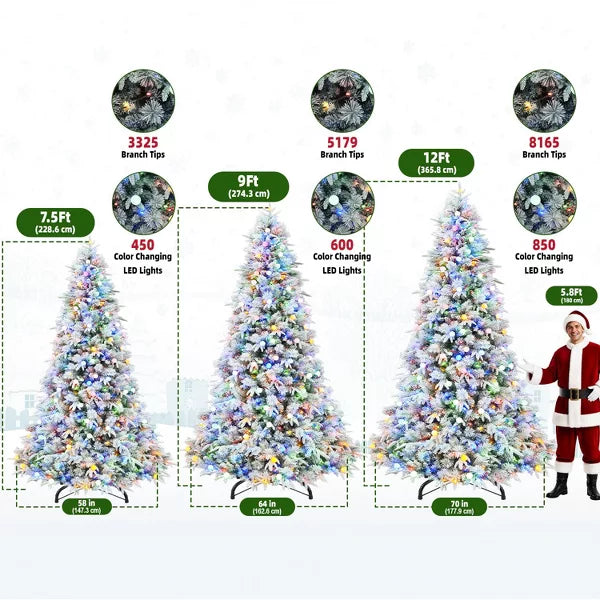 VIVATREES 12ft Prelit Snow Flocked Christmas Tree Artificial 10 Lighting Modes with Red Berrie Metal Stand Dual Colors Xmas Pine Needles