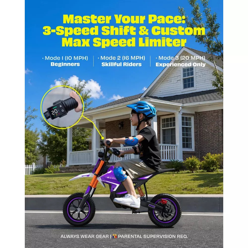 ECOLEAP K2 Kids Electric Dirt Bike, 36V 750W Peak Motor, 19.8 MPH, 18-Mile Range, 3-Speed Modes, Dual Suspension and Disc Brake, Ages 4-10