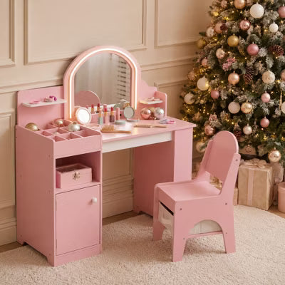 Kinder King Kids Vanity Set with LED Lighted Mirror, Pink Makeup Table and Chair with Cabinet, Shelves and Organizer