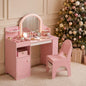 Kinder King Kids Vanity Set with LED Lighted Mirror, Pink Makeup Table and Chair with Cabinet, Shelves and Organizer