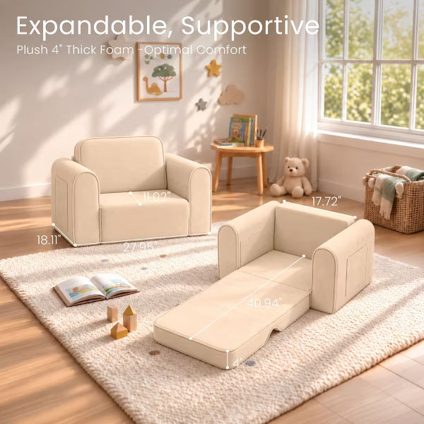 Kinder King 2-in-1 Kids Couch, Fold-Out Toddler Sofa Chair for Reading, Lounging & Playroom Use, Beige