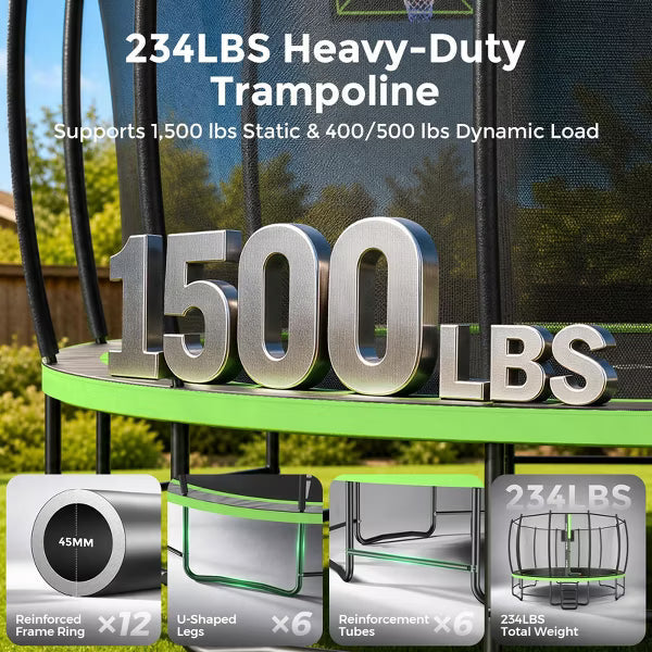 BCAN 8ft Outdoor Trampoline with Safety Enclosure, Basketball Hoop, Heavy-Duty Steel Frame, Ladder and Frame Pad