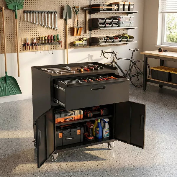 VIYET Metal Garage Storage Cabinet with Wheels, Lockable Utility Cabinet with Drawer & Adjustable Shelf, Heavy Duty Organizer