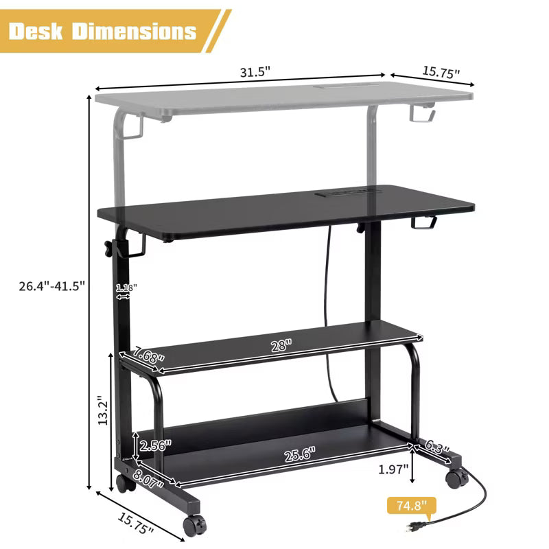 Karl Home Rolling Height Adjustable Laptop Desk with USB Charging Station, Mobile Computer Table for Small Space Home Office