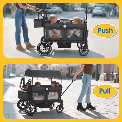 Kinder King All-Terrain Stroller Wagon for 2 Kids with Canopy, Shock-Absorbing Wheels, Storage Bag, Snack Tray & Adjustable Leather Handle, Black