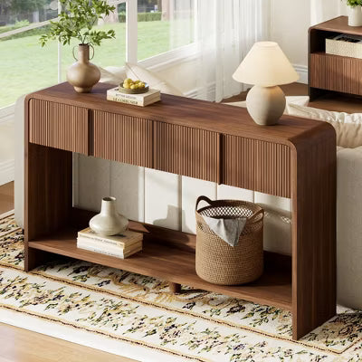 AMERLIFE 55'' Console Table with 2 Drawers & Shelf, Fluted Panel, Rounded Edges, Black